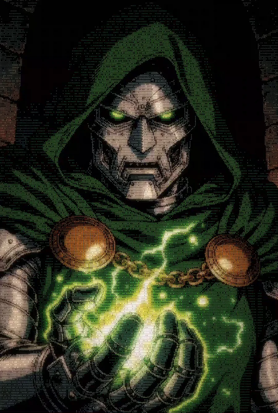 A hooded comic portrait with glowing green eyes and lightning in one hand, rebuilt from fine ASCII characters